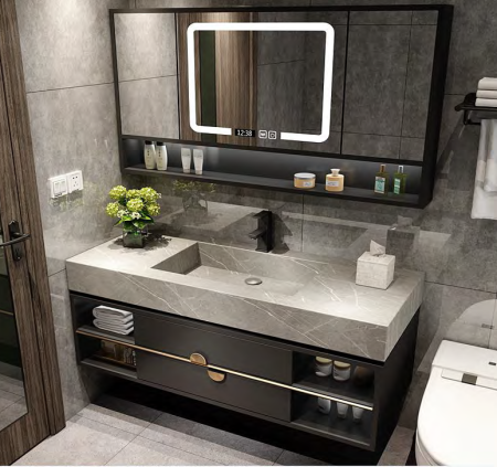 Mobilier baie - Set mobilier baie suspendat gri mat 100 cm cu lavoar din piatră compozită și oglindă LED cu dulăpior- 2865