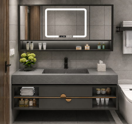 Mobilier baie - Set mobilier baie suspendat gri mat 100 cm cu lavoar din piatră sinterizată gri și oglindă LED cu dulăpior- 2865