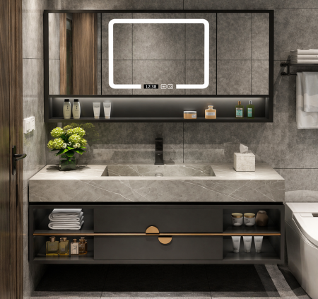 Mobilier baie - Set mobilier baie suspendat gri mat 100 cm cu lavoar din piatră sinterizată și oglindă LED cu dulăpior- 2865