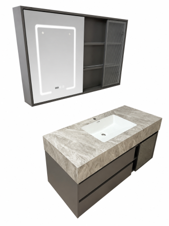 Set mobilier baie Suspendat, gri mat 120 cm cu lavoar si oglindă LED cu dulăpior - 2867 [2]