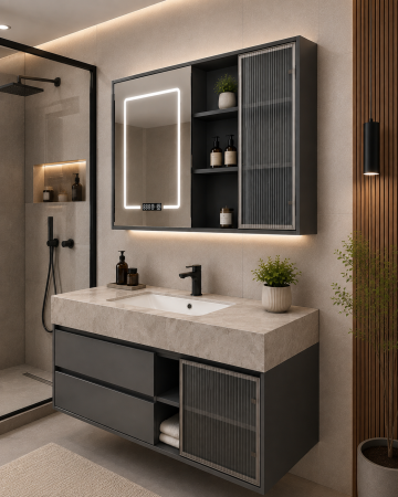 Set mobilier baie Suspendat, gri mat 120 cm cu lavoar si oglindă LED cu dulăpior - 2867 [1]