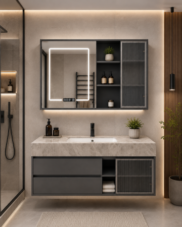 Mobilier baie - Set mobilier baie Suspendat, gri mat 120 cm cu lavoar si oglindă LED cu dulăpior - 2867