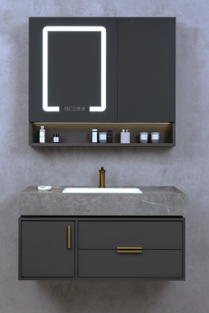 Baie - Set mobilier baie suspendat gri mat 70 cm cu lavoar din piatră sinterizată și oglindă LED cu dulăpior - 2866