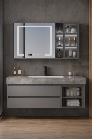 Mobilier baie - Set mobilier baie Suspendat, gri mat 120 cm cu lavoar si oglindă LED cu dulăpior - 2867