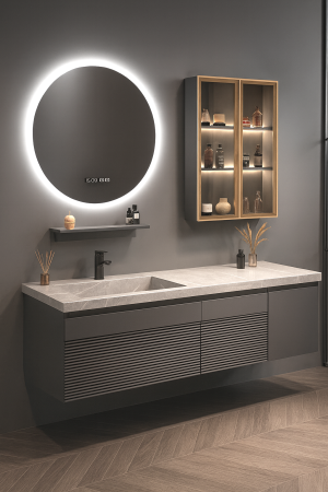 Mobilier baie - Set mobilier baie suspendat gri mat din PVC 100 cm cu lavoar din piatră sinterizată, oglindă LED și dulăpior cu LED - 2818