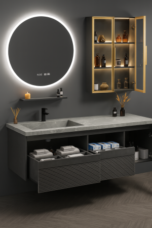 Set mobilier baie suspendat gri mat din PVC 100 cm cu lavoar din piatră sinterizată, oglindă LED și dulăpior cu LED - 2818 [1]