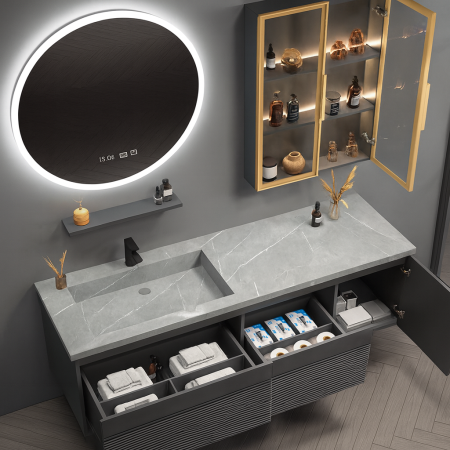 Set mobilier baie suspendat gri mat din PVC 100 cm cu lavoar din piatră sinterizată, oglindă LED și dulăpior cu LED - 2818 [2]
