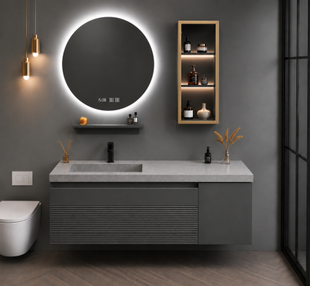 Mobilier - Set mobilier baie suspendat gri mat din PVC 100 cm cu lavoar din piatră sinterizată, oglindă LED și dulăpior cu LED - 2818