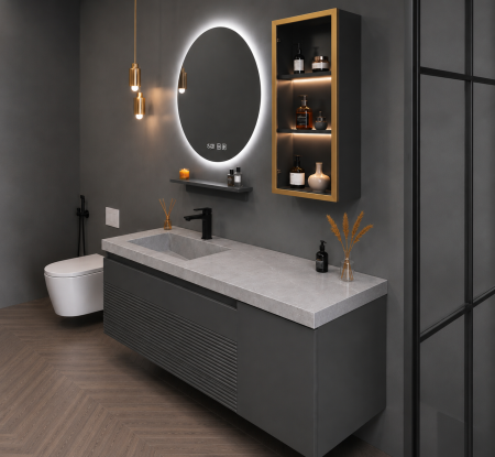 Set mobilier baie suspendat gri mat 100 cm cu lavoar din piatră sinterizată, oglindă LED și dulăpior cu LED - 2818 [2]