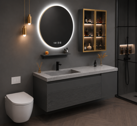 Set mobilier baie suspendat gri mat din PVC 100 cm cu lavoar din piatră sinterizată, oglindă LED și dulăpior cu LED - 2818 [1]