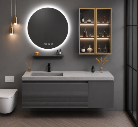 Mobilier baie - Set mobilier baie suspendat gri mat din PVC 100 cm cu lavoar din piatră sinterizată, oglindă LED și dulăpior cu LED - 2818