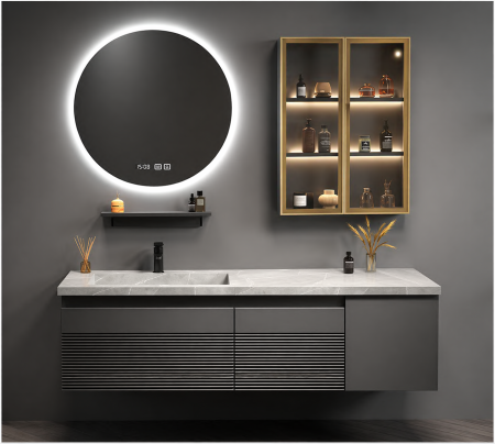 Mobilier baie - Set mobilier baie suspendat gri mat din PVC 100 cm cu lavoar din piatră sinterizată, oglindă LED și dulăpior cu LED - 2818