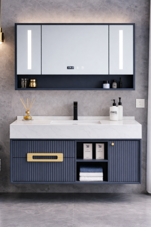 Set mobilier baie suspendat gri mat din PVC 120 cm cu lavoar și oglindă LED cu dulăpior - 2868 [0]