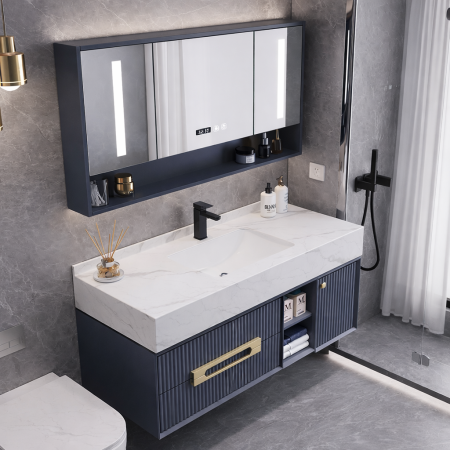 Set mobilier baie suspendat gri mat din PVC 120 cm cu lavoar și oglindă LED cu dulăpior - 2868 [2]