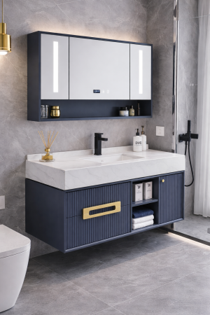 Set mobilier baie suspendat gri mat din PVC 120 cm cu lavoar și oglindă LED cu dulăpior - 2868 [1]