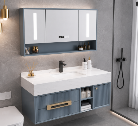 Mobilier baie - Set mobilier baie suspendat gri mat din PVC 120 cm cu lavoar și oglindă LED cu dulăpior - 2868