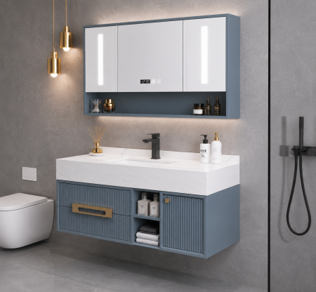 Set mobilier baie suspendat gri mat din PVC 120 cm cu lavoar și oglindă LED cu dulăpior - 2868 [2]