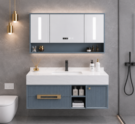 Set mobilier baie suspendat gri mat din PVC 120 cm cu lavoar și oglindă LED cu dulăpior - 2868 [1]