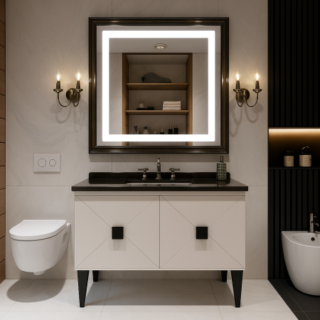 Mobilier baie - Set mobilier baie suspendat gri/negru din PVC 90 cm cu lavoar din piatră compozită/ceramică și oglindă LED - 2224