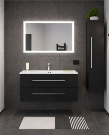 Mobilier baie - Set Mobilier Baie Suspendat,  Negru – 80 cm cu Dulap Lateral, Lavoar Ceramic și Oglindă LED 2723