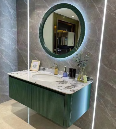 Mobilier - Set mobilier baie suspendat verde din PVC 100 cm cu lavoar și oglindă LED - 2928