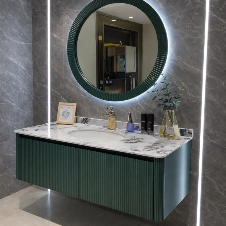 Mobilier baie - Set mobilier baie suspendat verde din PVC 100 cm cu lavoar și oglindă LED - 2928