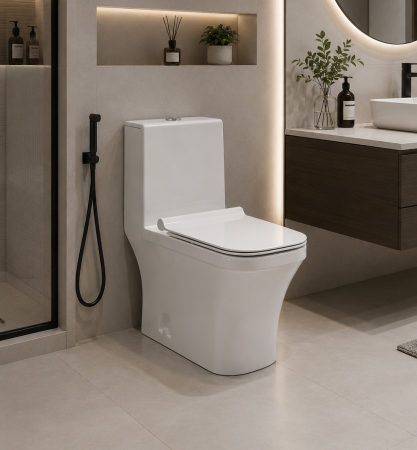 Vase wc - Set vas wc cu capac slim, montare pe podea, rimless, evacuare laterala, alb 68 x 36 x 74 cm T2071