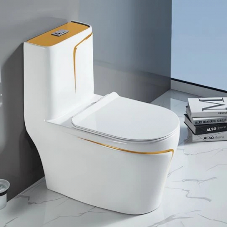 Set vas wc cu capac slim, montare pe podea, rimless, evacuare laterala, alb/auriu 68 x 36 x 78 cm T2130WG [2]