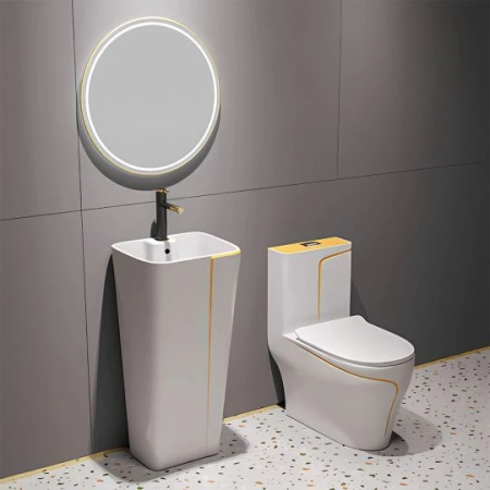 Set vas wc cu capac slim, montare pe podea, rimless, evacuare laterala, alb/auriu 68 x 36 x 78 cm T2130WG [1]
