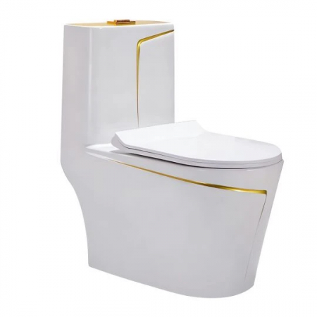 Vase wc - Set vas wc cu capac slim, montare pe podea, rimless, evacuare laterala, alb/auriu 68 x 36 x 78 cm T2130WG