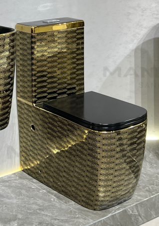 Set vas wc cu capac slim, montare pe podea, rimless, evacuare laterala, auriu/negru  68 x 37 x 80 cm T2214EBG5 [1]