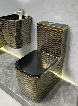 Set vas wc cu capac slim, montare pe podea, rimless, evacuare laterala, auriu/negru  68 x 37 x 80 cm T2214EBG5 [2]