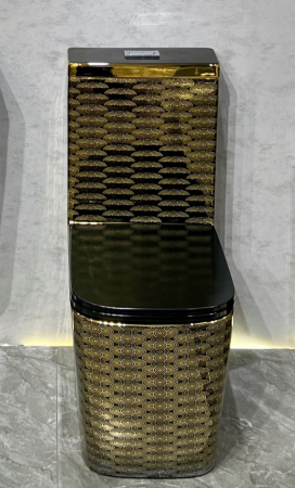 Vase wc - Set vas wc cu capac slim, montare pe podea, rimless, evacuare laterala, auriu/negru  68 x 37 x 80 cm T2214EBG5