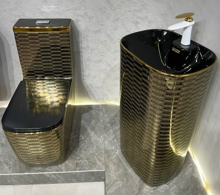 Set vas wc cu capac slim, montare pe podea, rimless, evacuare laterala, auriu/negru  68 x 37 x 80 cm T2214EBG5 [4]