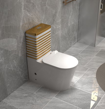 Baie - Set vas WC cu capac slim, montare pe podea, Rimless, evacuare laterală, finisaj alb/auriu – 68 × 37 × 80 cm - T2126WG