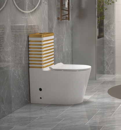 Set vas WC cu capac slim, montare pe podea, Rimless, evacuare laterală, finisaj alb/auriu – 68 × 37 × 80 cm - T2126WG [1]