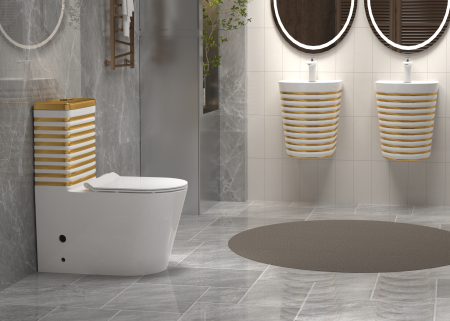 Set vas WC cu capac slim, montare pe podea, Rimless, evacuare laterală, finisaj alb/auriu – 68 × 37 × 80 cm - T2126WG [2]