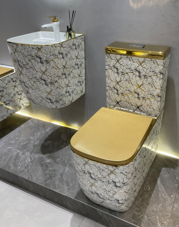 Set vas WC cu capac slim, montare pe podea, Rimless, evacuare laterală, finisaj alb-marmorat cu inserții aurii – 64 × 36 × 80 cm  - T2214EWG1 [4]