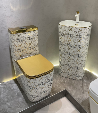 Set vas WC cu capac slim, montare pe podea, Rimless, evacuare laterală, finisaj alb-marmorat cu inserții aurii – 64 × 36 × 80 cm  - T2214EWG1 [2]