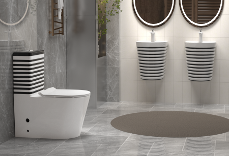 Set vas WC cu capac slim, montare pe podea, Rimless, evacuare laterală, finisaj alb/negru – 68 × 37 × 80 cm - T2126WB [1]