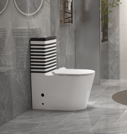 Set vas WC cu capac slim, montare pe podea, Rimless, evacuare laterală, finisaj alb/negru – 68 × 37 × 80 cm - T2126WB [2]