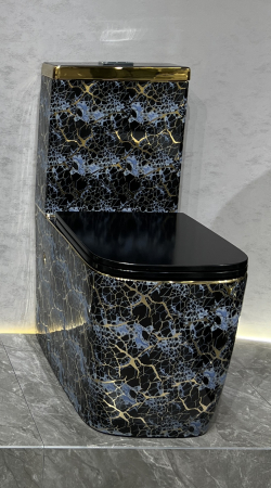 Set vas WC cu capac slim, montare pe podea, Rimless, evacuare laterală, finisaj albastru-negru și accente aurii 64 × 36 × 80 cm - T2214EBG3 [1]