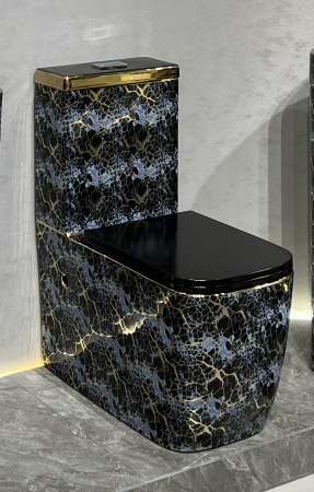 Vase wc - Set vas WC cu capac slim, montare pe podea, Rimless, evacuare laterală, finisaj albastru-negru și accente aurii 64 × 36 × 80 cm - T2214EBG3