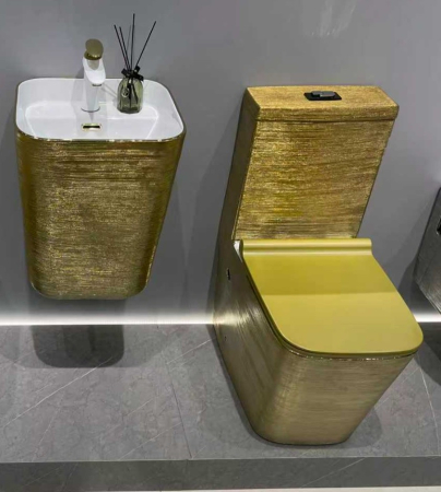 Set vas WC cu capac slim, montare pe podea, Rimless, evacuare laterală, finisaj auriu 64 × 36 × 80 cm - T2073EDG [2]