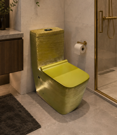 Baie - Set vas WC cu capac slim, montare pe podea, Rimless, evacuare laterală, finisaj auriu 64 × 36 × 80 cm - T2073EDG