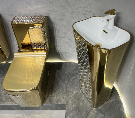 Set vas WC cu capac slim, montare pe podea, Rimless, evacuare laterală, finisaj auriu – 68 × 36 × 78 cm - T2130EWG2 [2]