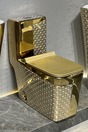 Baie - Set vas WC cu capac slim, montare pe podea, Rimless, evacuare laterală, finisaj auriu – 68 × 36 × 78 cm - T2130EWG2