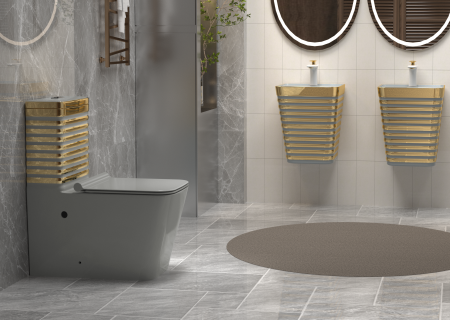 Set vas WC cu capac slim, montare pe podea, Rimless, evacuare laterală, finisaj gri/auriu – 64 × 36 × 80 cm - T2079EGG [2]