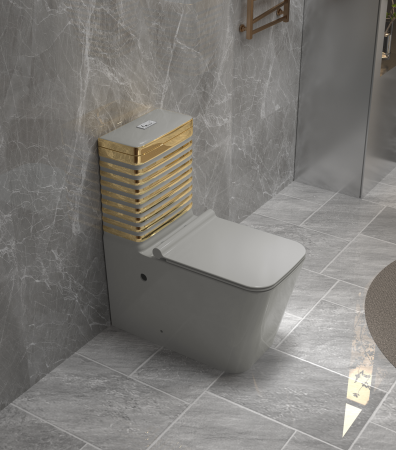 Baie - Set vas WC cu capac slim, montare pe podea, Rimless, evacuare laterală, finisaj gri/auriu – 64 × 36 × 80 cm - T2079EGG