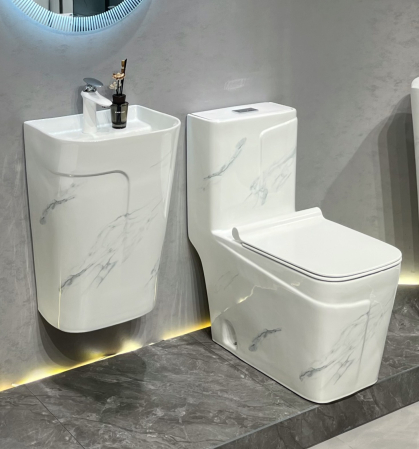 Set vas wc cu capac slim, montare pe podea, rimless, evacuare laterala, finisaj marmura 68 x 36 x 78 cm T2130UG [2]